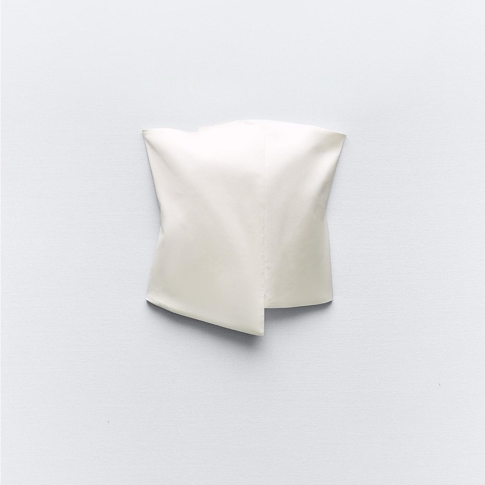 ZARA ivory white satin asymmetrical wrap zipper back strapless tube top